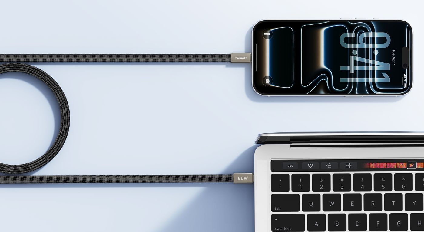 Veger CC06 USB-C naar USB-C kabel 1.2m Braided Flat 60 Watt