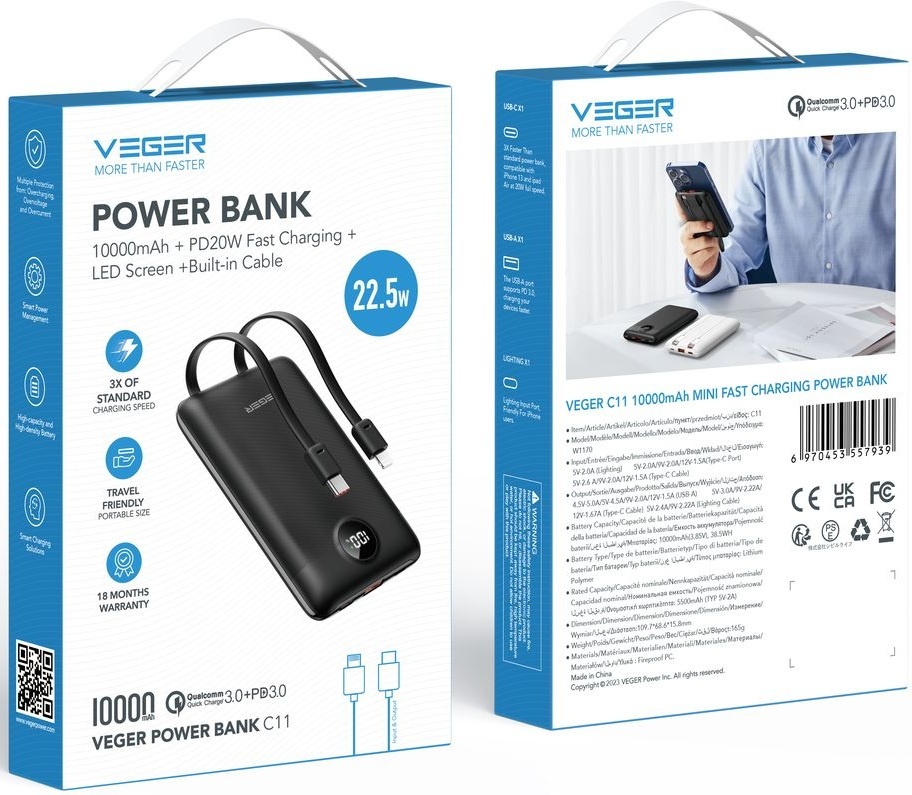 Veger C11 W1170 Mini Portable 10.000mAh Zwart - Powerbank