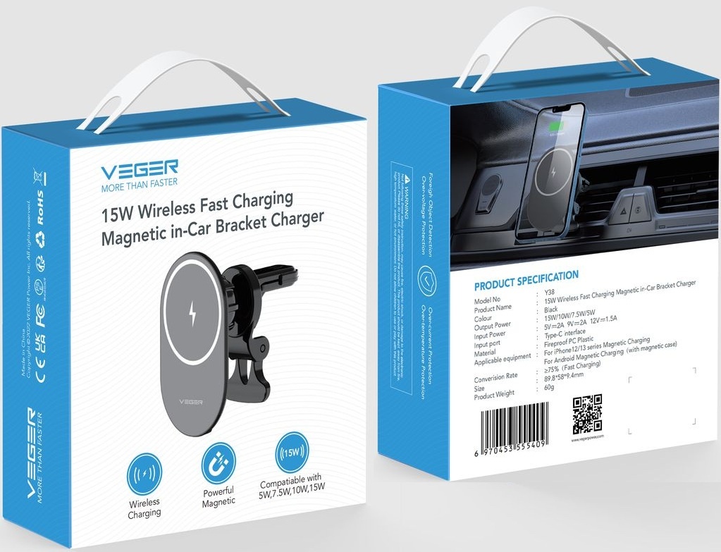 Veger Y38 15W Draadloze snellader + magnetische telefoonhouder