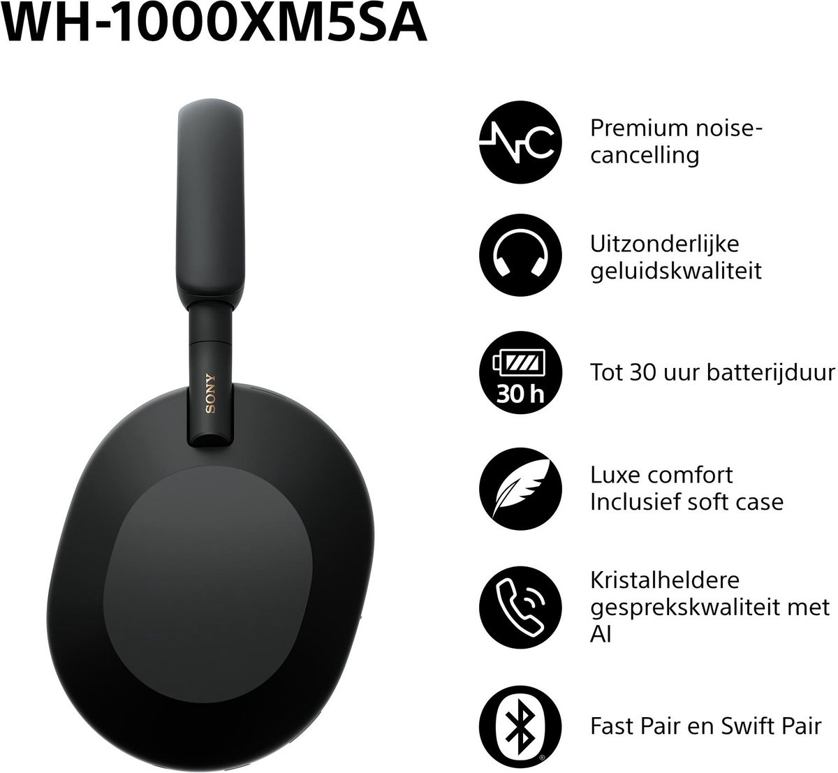Sony WH-1000XM5SA Zwart incl. SoftCase - Draadloze koptelefoon