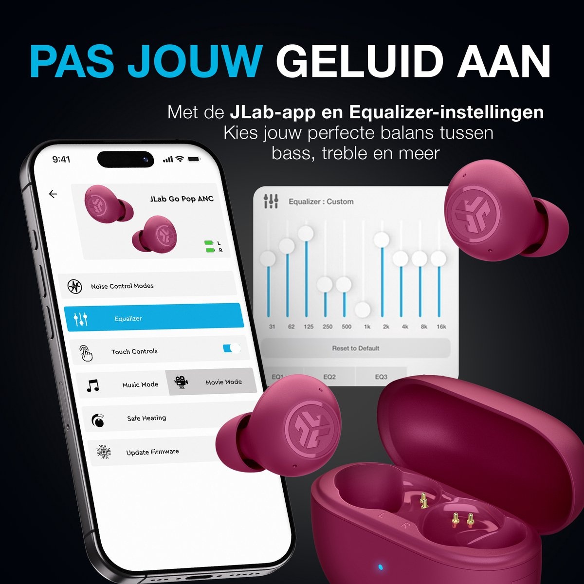JLab Go Pop ANC TWS Fuschia - Draadloze oordopjes