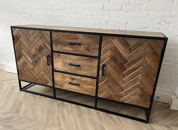 Dressoir  mangohout visgraat frame zwart metaal
