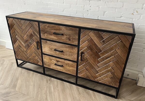 Dressoir  mangohout visgraat frame zwart metaal
