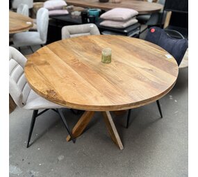 Ronde eettafel met houten spinpoot mangohout Ronde eettafel met houten spinpoot mangohout