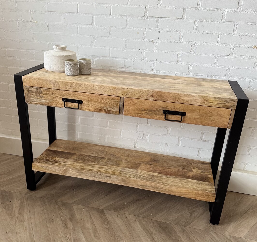 Wandtafel / sidetable Britt 120 cm mangohout metaal zwart -  Leverbaar januari '26 Wandtafel / sidetable Britt 120 cm mangohout metaal zwart -  Leverbaar januari '26