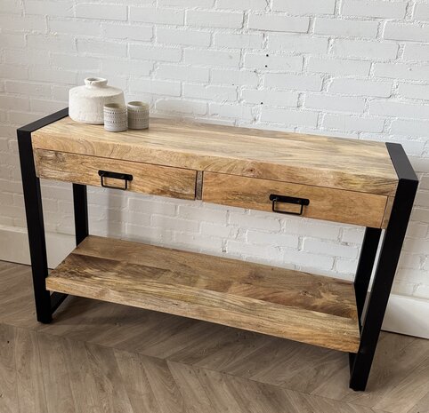 Wandtafel / sidetable Britt 120 cm mangohout metaal zwart -  Leverbaar januari '26 Wandtafel / sidetable Britt 120 cm mangohout metaal zwart -  Leverbaar januari '26