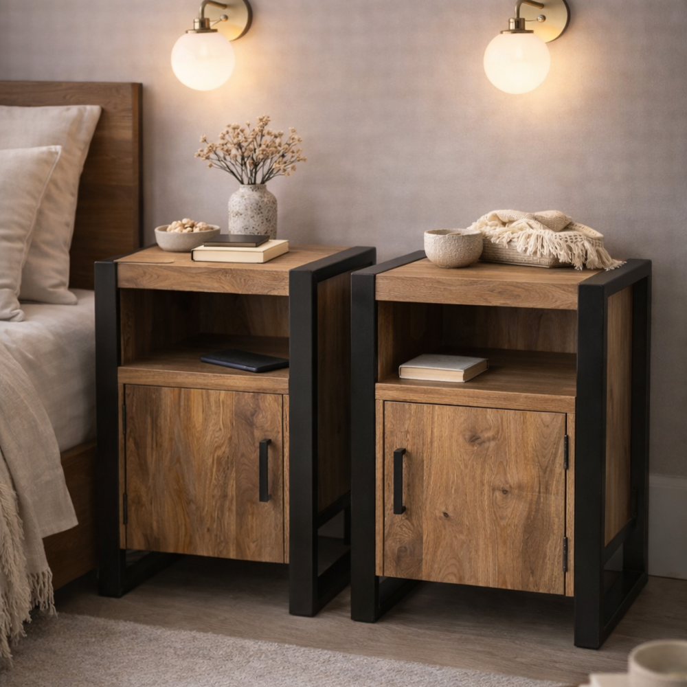 Nachtkastjes set van 2 - natural + deur L + R - Leverbaar medio februari