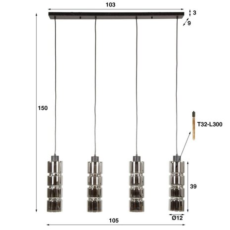 Portland Hanglamp Cylinder Glass 4-lichts / Artic zwart