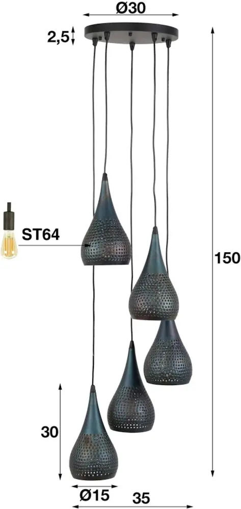 Portland Hanglamp Punch getrapt 5-lichts / Zwart bruin