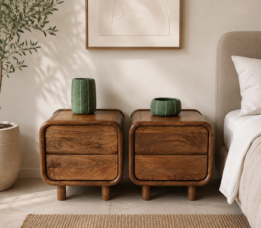 Nachtkast Palma | Houten Poot | 2 Lades | Mangohout Nachtkast Palma | Houten Poot | 2 Lades | Mangohout