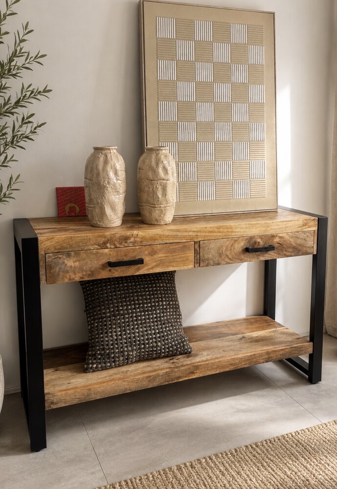 Wandtafel / sidetable Britt 120 cm mangohout metaal zwart Wandtafel / sidetable Britt 120 cm mangohout metaal zwart