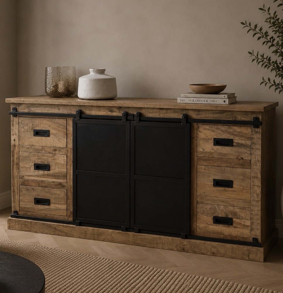 Dressoir Bilbao/ Lotte mangohout metaal zwart 160 cm Dressoir Bilbao/ Lotte mangohout metaal zwart 160 cm