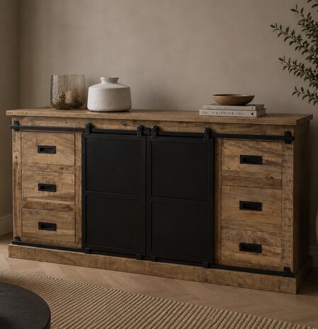 Dressoir Bilbao/ Lotte mangohout metaal zwart 160 cm Dressoir Bilbao/ Lotte mangohout metaal zwart 160 cm