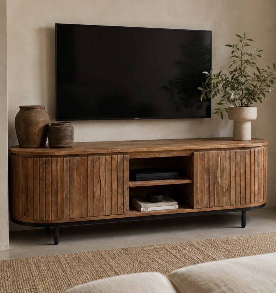 TV Meubel Pedrera 170 - open vak mangohout ribbel TV Meubel Pedrera 170 - open vak mangohout ribbel