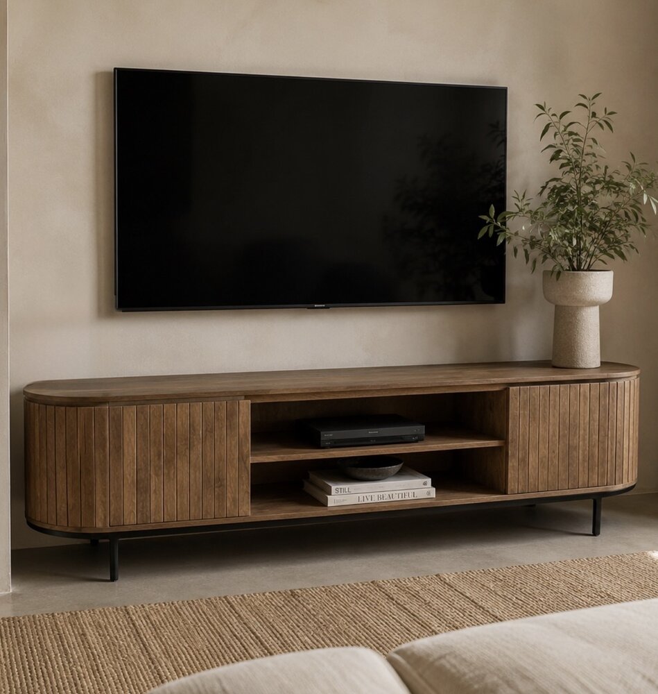 TV Meubel Pedrera 210 cm mangohout ribbel - open vak TV Meubel Pedrera 210 cm mangohout ribbel - open vak