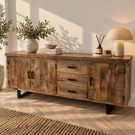 Dressoir Madrid 200 cm mangohout metaal zwart - Leverbaar medio oktober