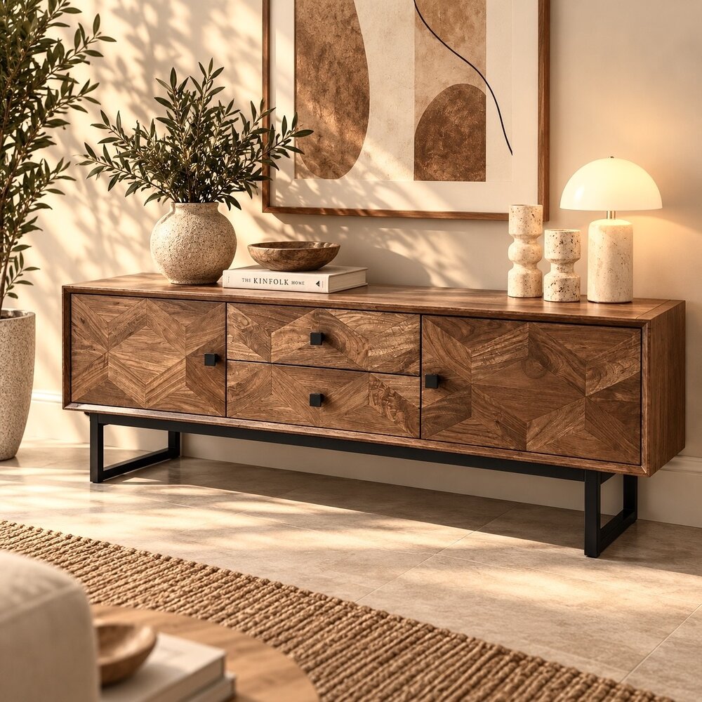 TV meubel Calpe 140 cm mangohout visgraat TV meubel Calpe 140 cm mangohout visgraat