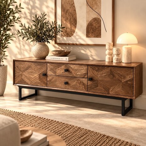 TV meubel Calpe 140 cm mangohout visgraat TV meubel Calpe 140 cm mangohout visgraat