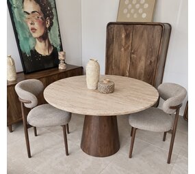 Eettafel Rond Travertin | 120 cm | Houten Poot | Leverbaar januari '27 Eettafel Rond Travertin | 120 cm | Houten Poot | Leverbaar januari '27