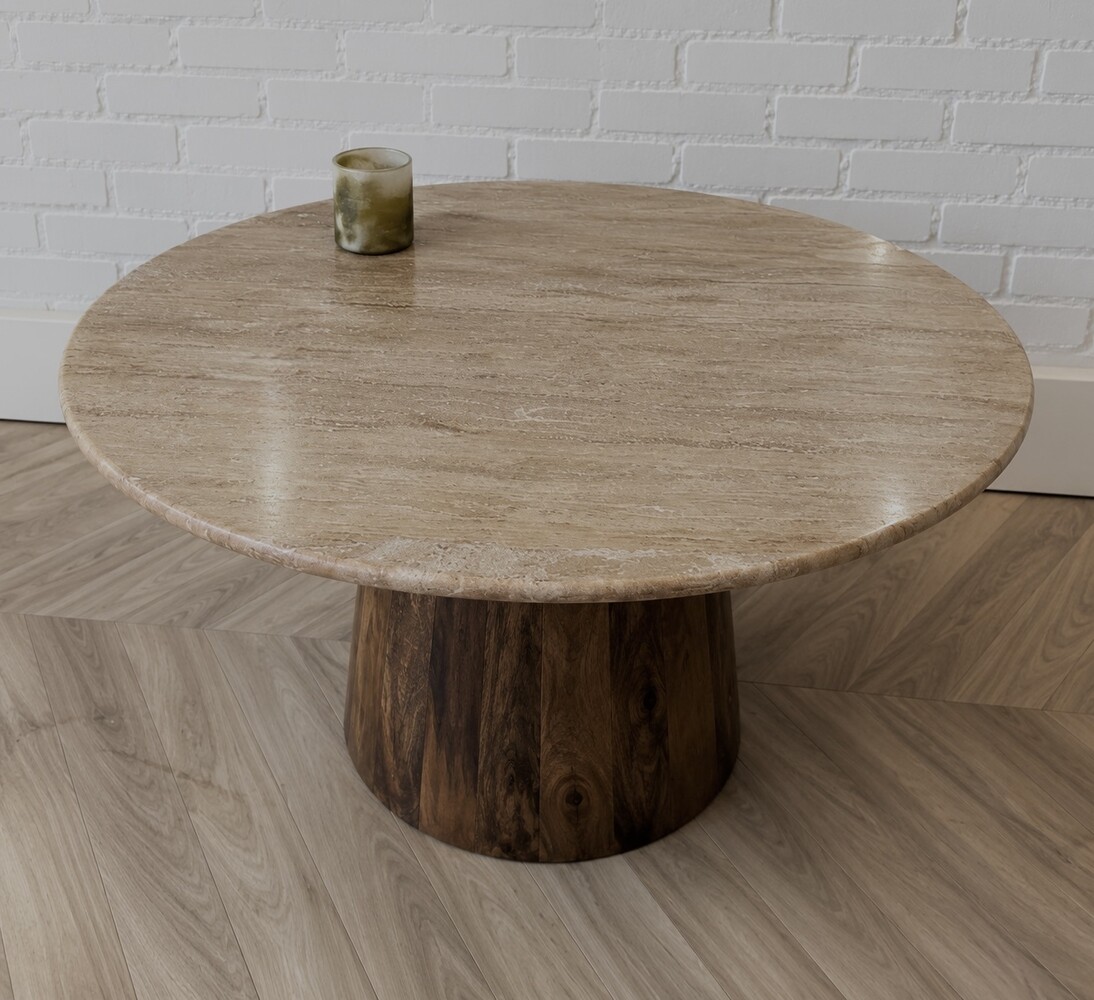 Salontafel Rond Travertin | 75 cm | Houten Poot | Leverbaar januari '27 Salontafel Rond Travertin | 75 cm | Houten Poot | Leverbaar januari '27
