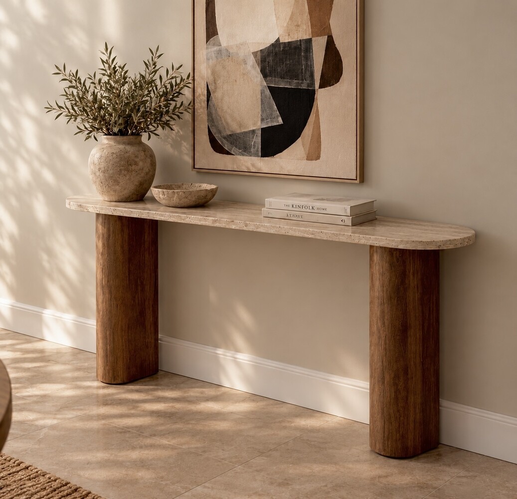 Sidetable Travertin | Massief Houten Poot Bruin | 125 cm | Leverbaar eind januari '27 Sidetable Travertin | Massief Houten Poot Bruin | 125 cm | Leverbaar eind januari '27