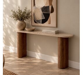 Sidetable Travertin | Massief Houten Poot Bruin | 125 cm | Leverbaar eind januari '27 Sidetable Travertin | Massief Houten Poot Bruin | 125 cm | Leverbaar eind januari '27