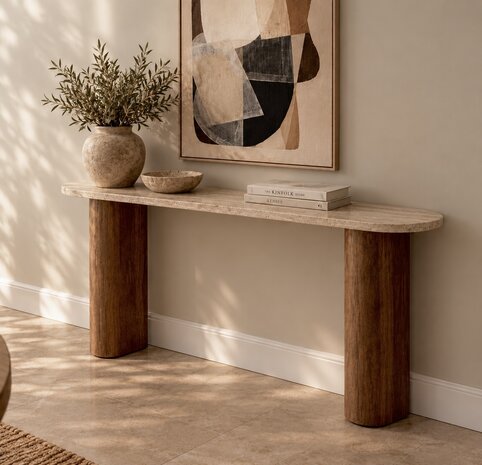 Sidetable Travertin | Massief Houten Poot Bruin | 125 cm | Leverbaar eind januari '27 Sidetable Travertin | Massief Houten Poot Bruin | 125 cm | Leverbaar eind januari '27
