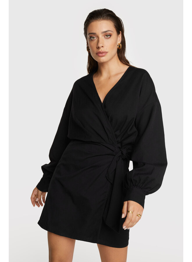 Linen Look Wrap Dress - Black