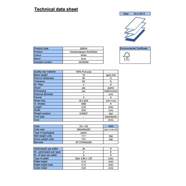 EcoWipe handdoek multifold wit 2 laags 32 x 20,6cm - 25x120 stuks