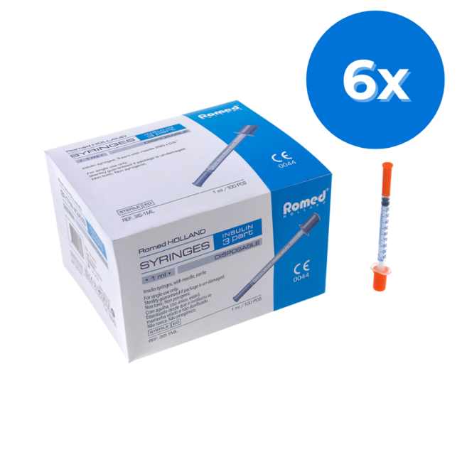 Romed 3-Piece Insulin Syringe with Needle 600 Pieces - Set of 6 Boxes