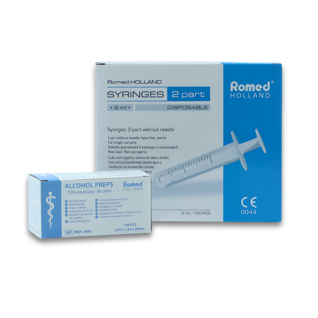 Romed 2 ml injectiespuiten met naald 100 stuks + Alcoholdoekjes