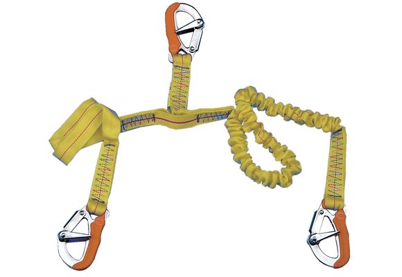 Elastische Lifeline met 3 RVS musketonhaken voor veiligheidsgordel  L=1000-1900mm + 1000mm  geel