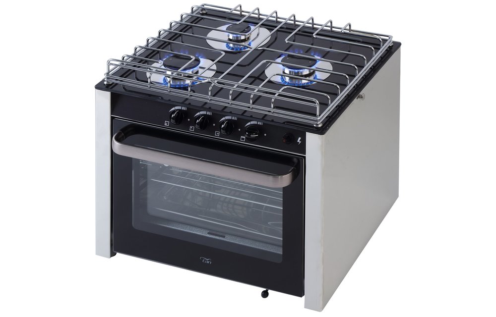 RVS gasoven met 3-pits fornuis met glasplaat. Afm. 500x431x460mm  (bxdxh)