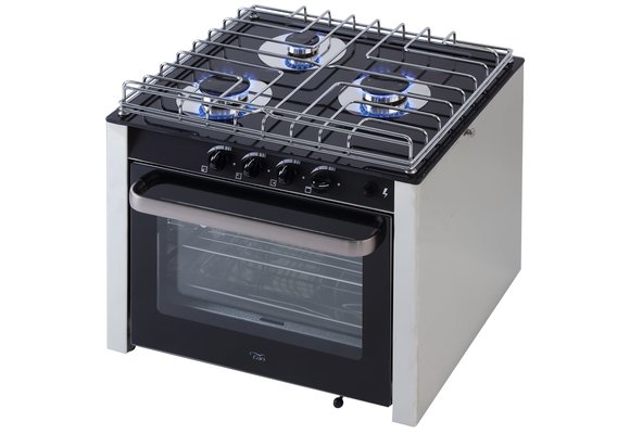 RVS gasoven met 3-pits fornuis met glasplaat. Afm. 500x431x460mm  (bxdxh)