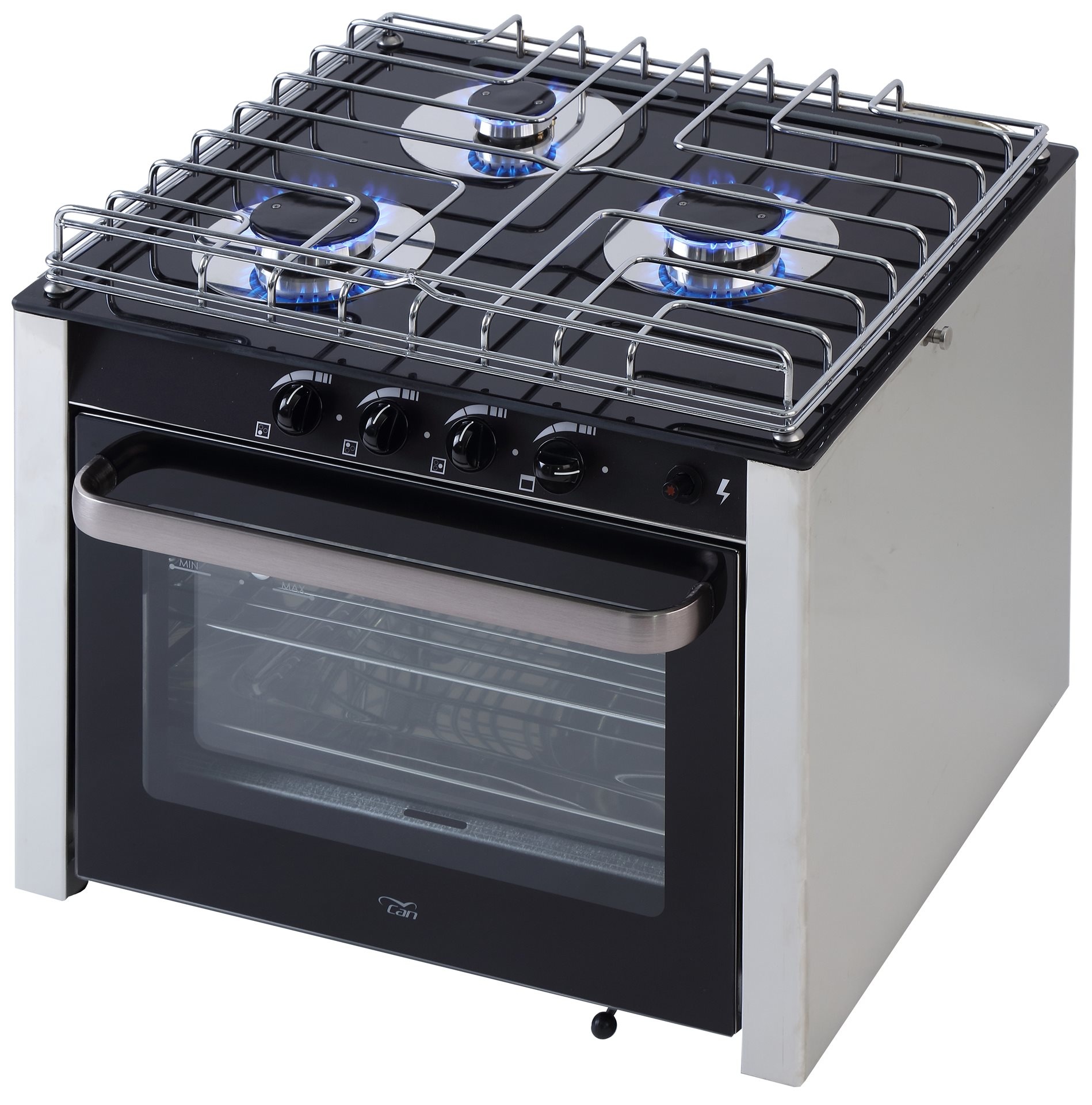 RVS gasoven met 3-pits fornuis met glasplaat. Afm. 500x431x460mm  (bxdxh)