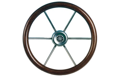 6-Spaaks stuurwiel Leader Wood RVS met mahoniehouten rand  36 cm