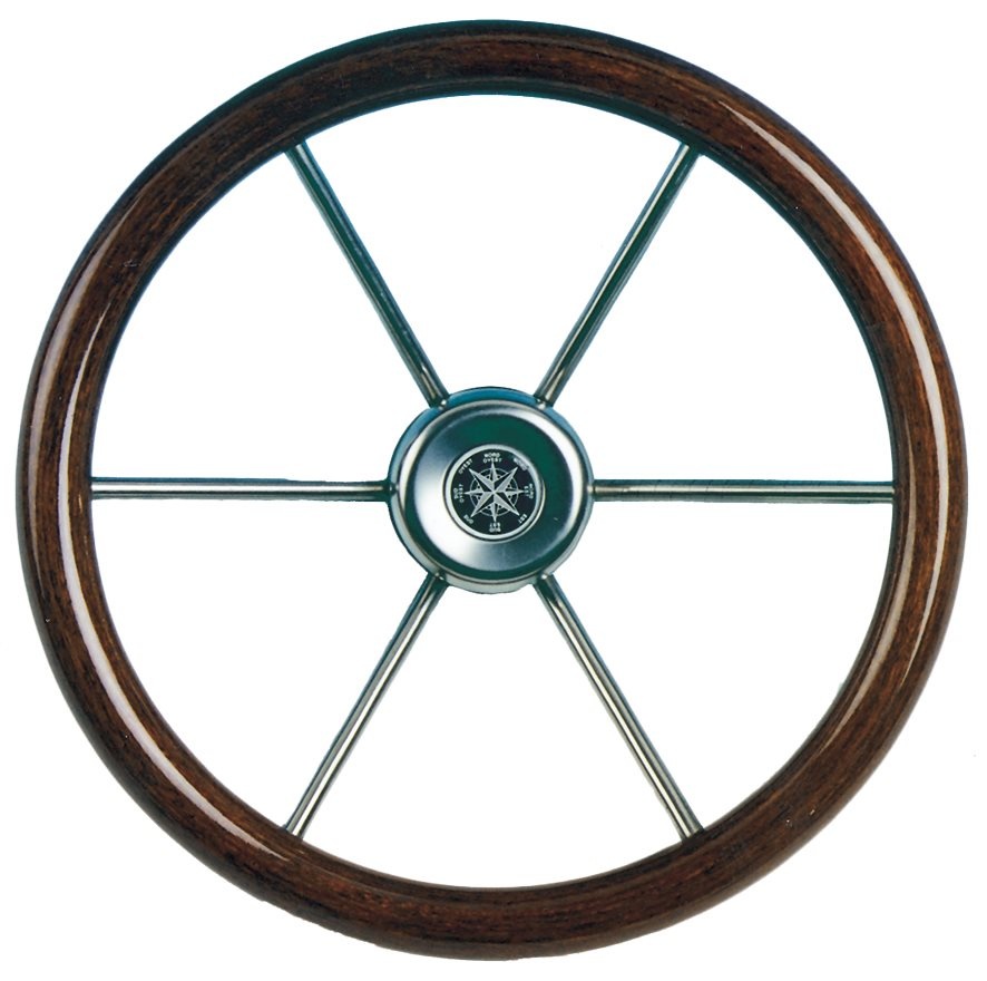 6-Spaaks stuurwiel Leader Wood RVS met mahoniehouten rand 36 cm