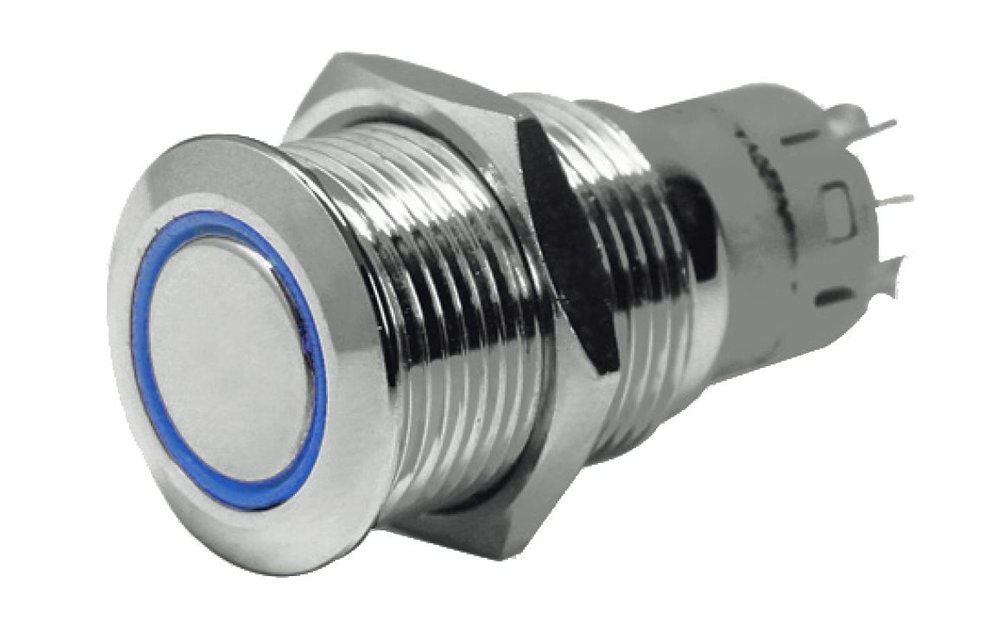 Allpa RVS Ring LED drukschakelaar  (ON) / OFF  24V  boorgat Ø22mm  inbouwdiepte 40mm  blauw LED