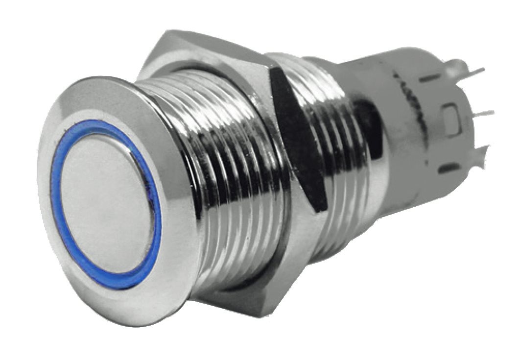 Allpa RVS Ring LED drukschakelaar  (ON) / OFF  24V  boorgat Ø22mm  inbouwdiepte 40mm  blauw LED