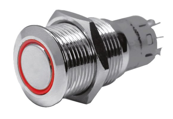 Allpa RVS Ring LED drukschakelaar  (ON) / OFF  12V  boorgat Ø16mm  inbouwdiepte 36mm  rood LED
