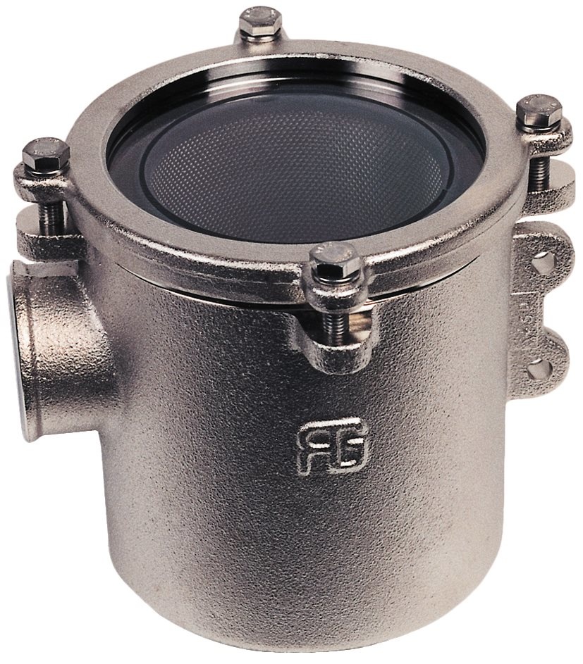 Brons-Vernikkeld koelwaterfilter (robuust) met RVS 316 zeef