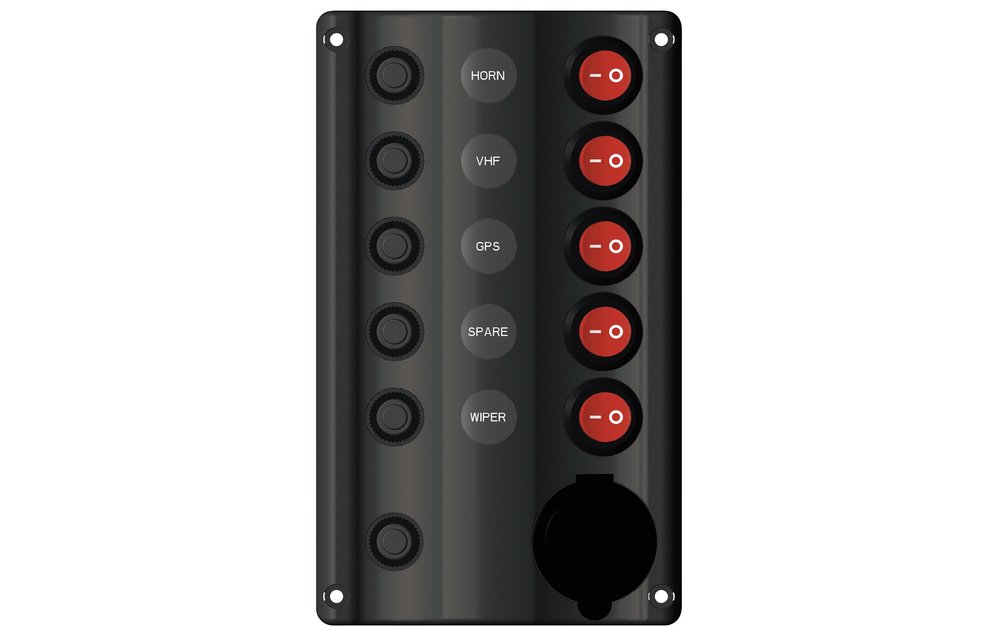 Allpa 12 volt schakelpaneel met 5-schakelaars en 12 volt stopcontact