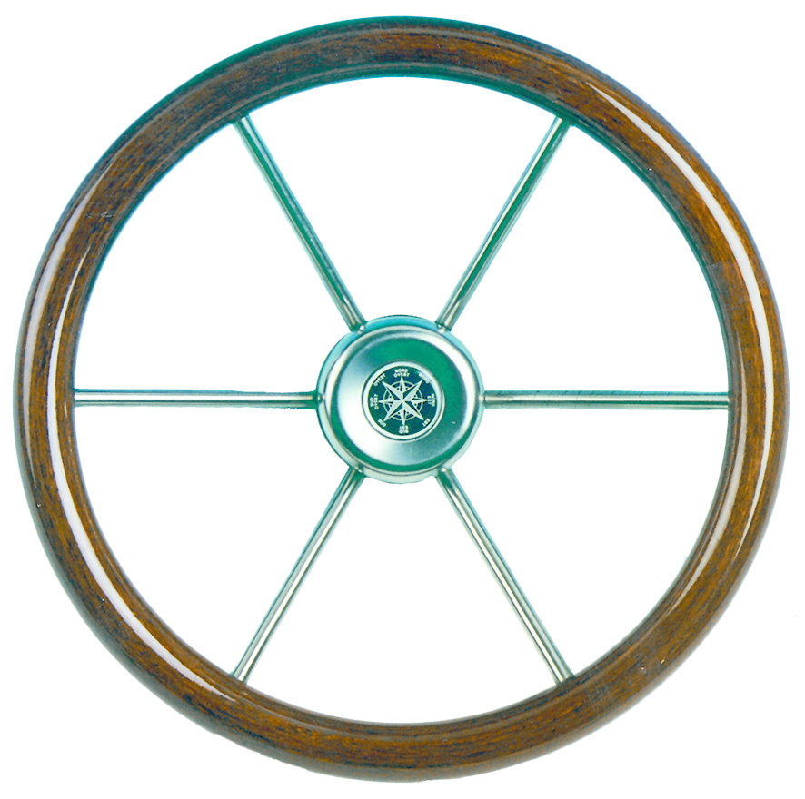 6-Spaaks stuurwiel Leader Wood RVS met mahoniehouten rand 55cm