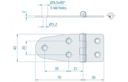 Roca staartscharnier vlak RVS 100 x 40 mm 441740