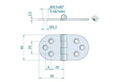 Roca vlakscharnier rond RVS 78 x 38 mm 444020