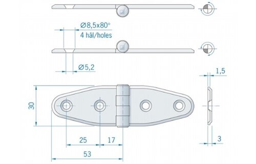 Roca staartscharnier vlak RVS 106 x 30 mm 441134
