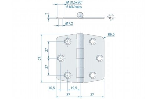 Roca staartscharnier vlak RVS 74 x 75 mm  440091