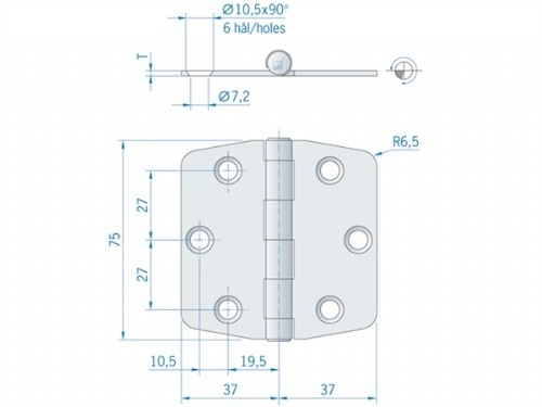 Roca staartscharnier vlak RVS 74 x 75 mm  440091