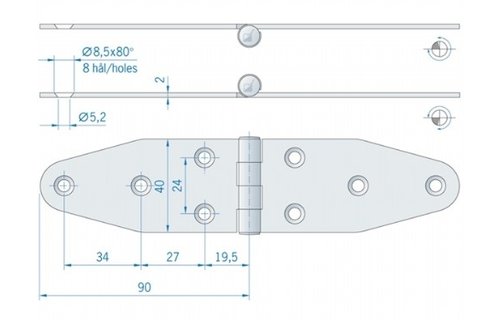 Roca staartscharnier vlak RVS 180 x 40 mm 441620