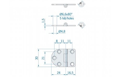 Roca vlakscharnier rond/recht RVS 40 -5 x 30 mm 440060